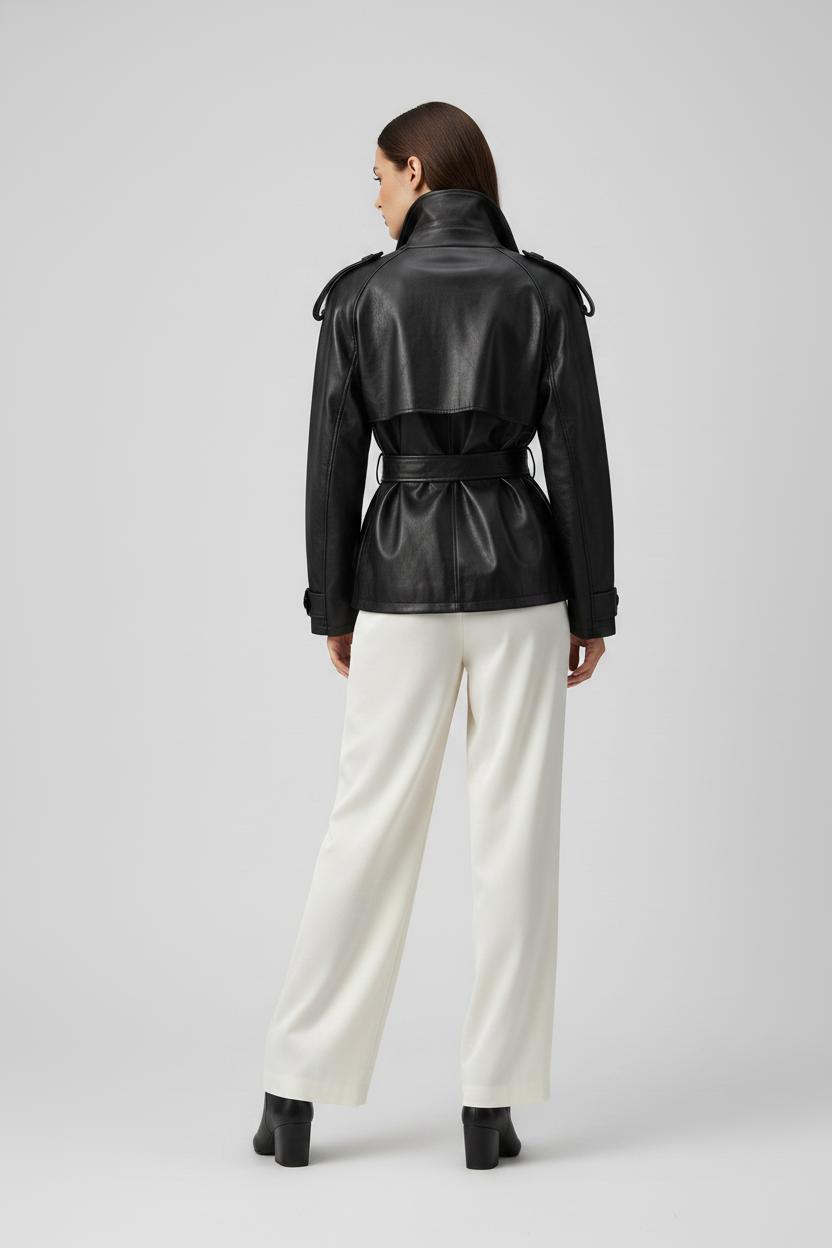 VERONIQUE - Belted Leather Jacket - black leather, self-tie, waist cinching, rear view