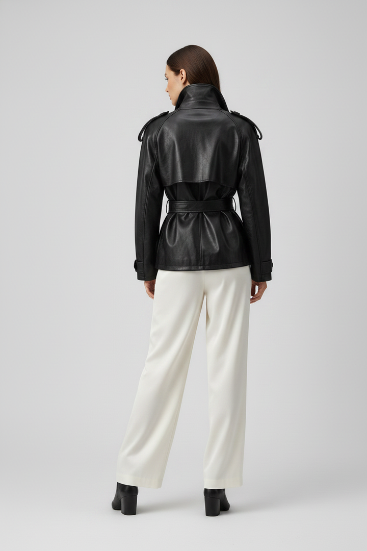 VERONIQUE - Belted Leather Jacket - black leather, self-tie, waist cinching, rear view