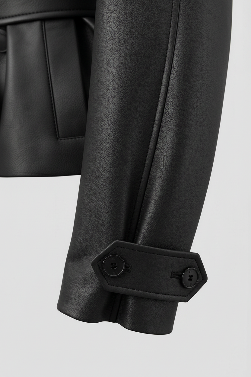 VERONIQUE - Belted Leather Jacket - luxury sleeve, fabric texture, cuff detail