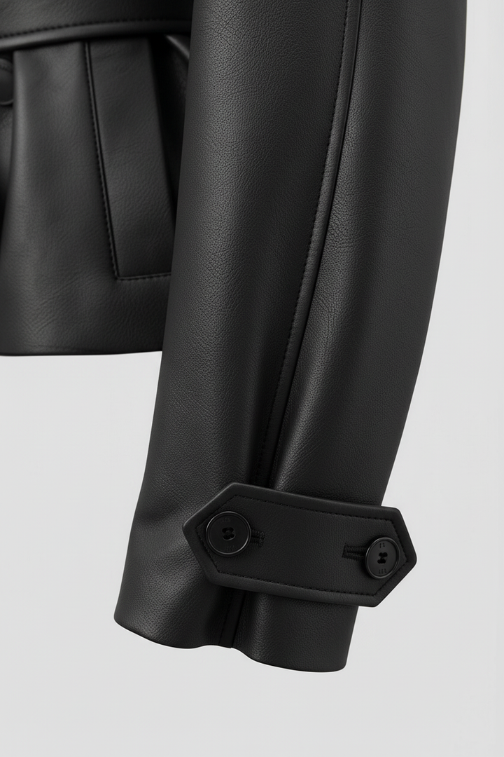 VERONIQUE - Belted Leather Jacket - luxury sleeve, fabric texture, cuff detail