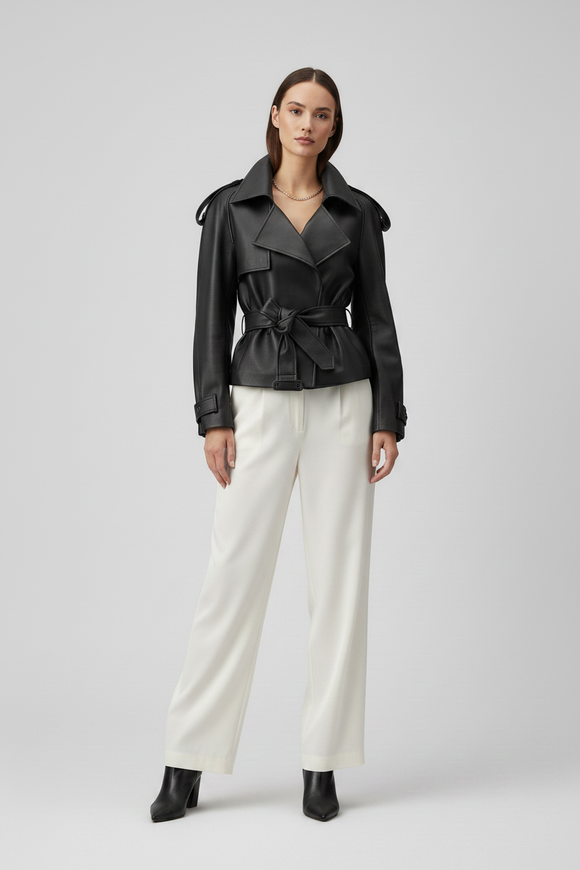 VERONIQUE - Belted Leather Jacket - premium leather, antique gold hardware
