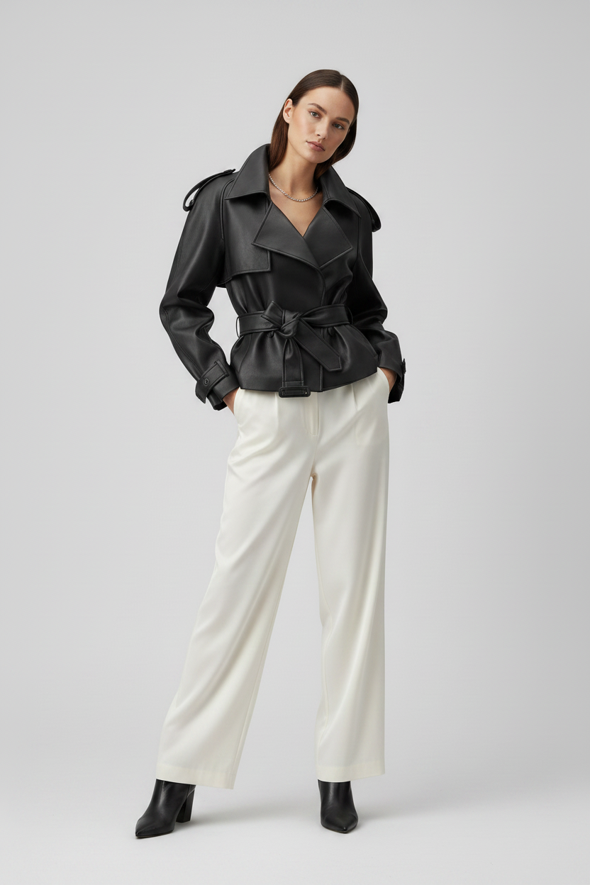 VERONIQUE - Belted Leather Jacket - self-tie black leather cinched waist