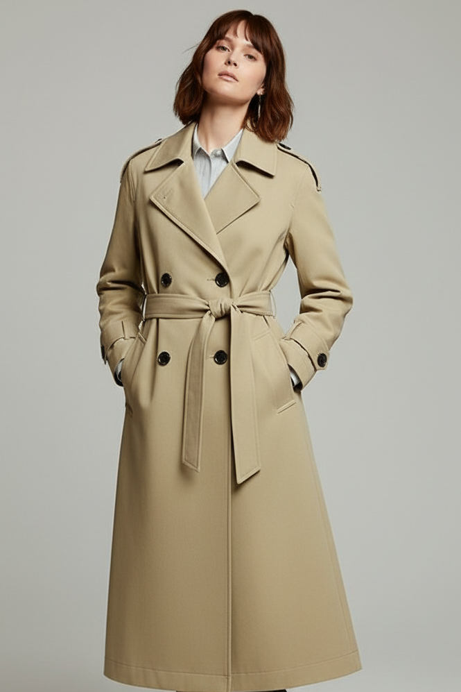 Woman wearing a beige trench coat on a plain background