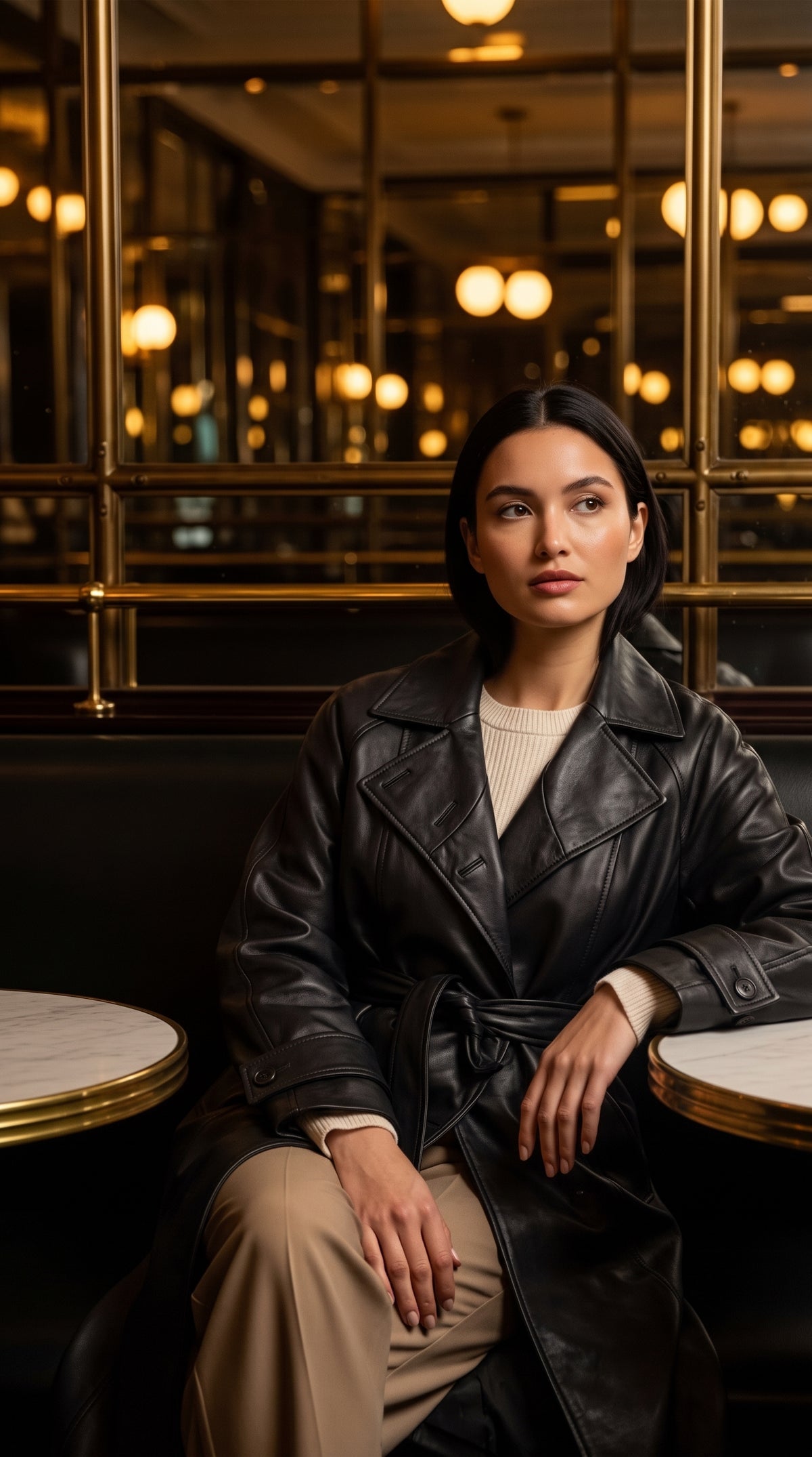 woman sitting in a luxury lace wearing a leather coats
