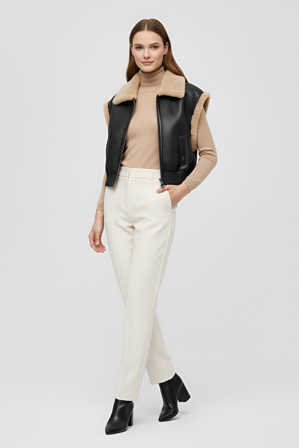 women PU leather winter vest with thick fleece trim and front zipper modern style