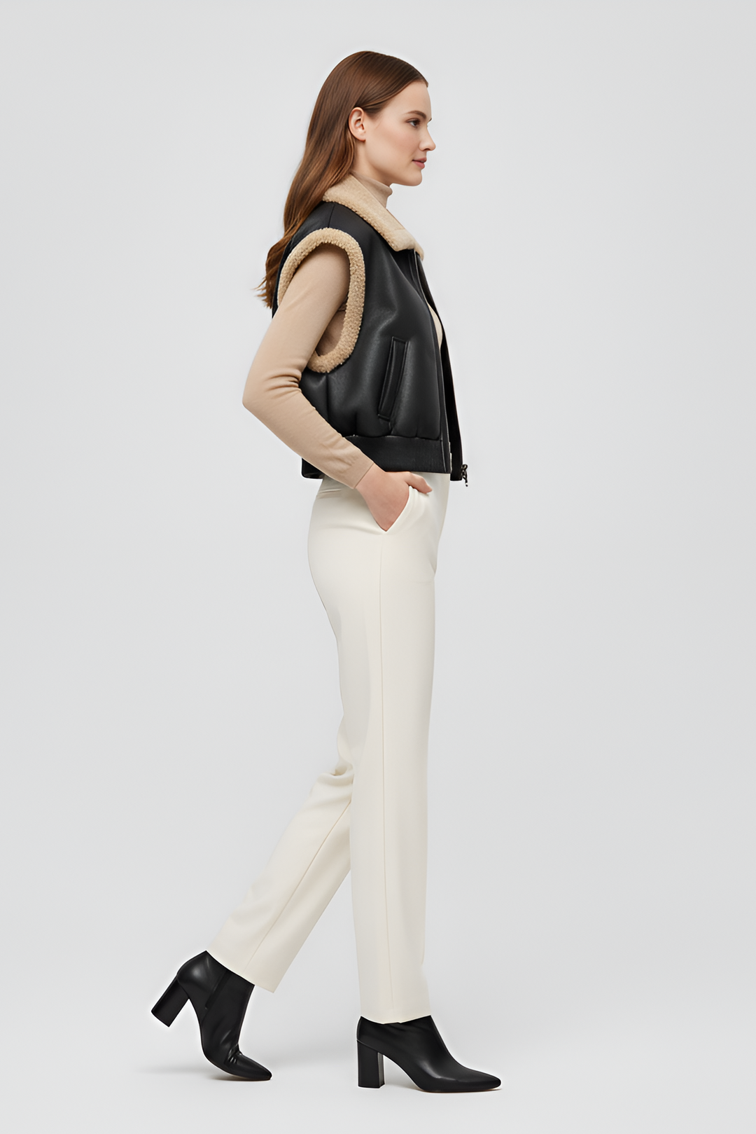 women cropped leather vest with tan sherpa collar and sleeveless design premium winter outfit